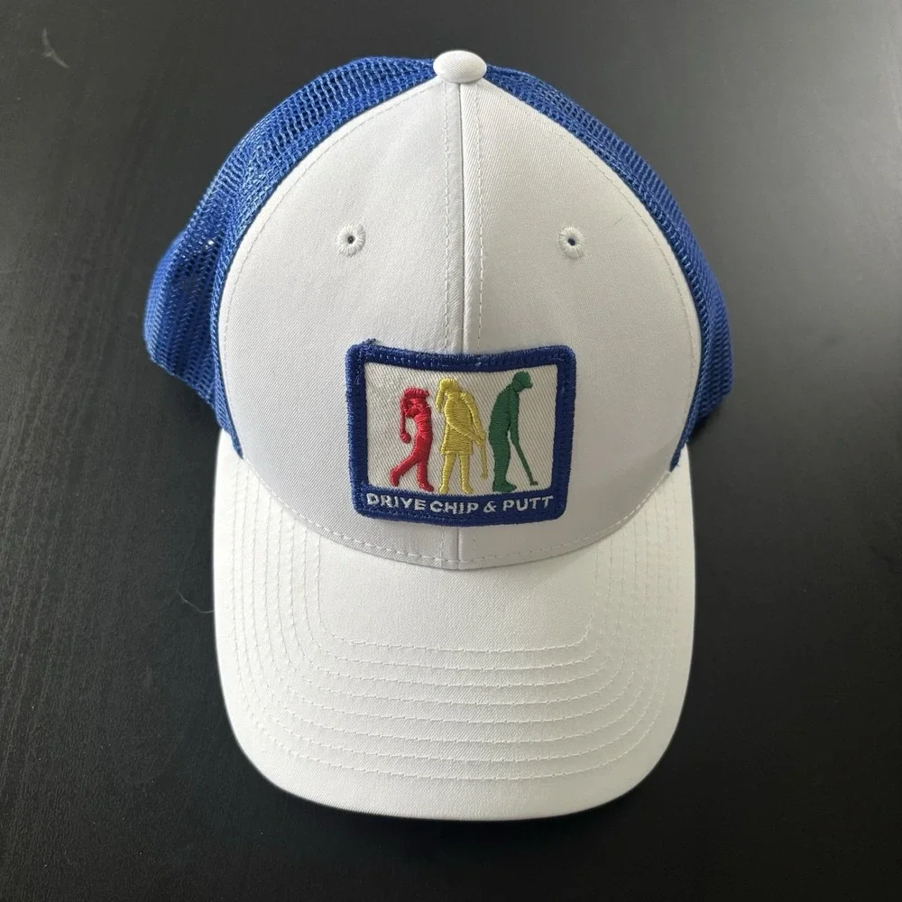 Drive Chip & Putt Golf Hat White Blue Mesh Trucker SnapBack OSFM Drive Chip Putt